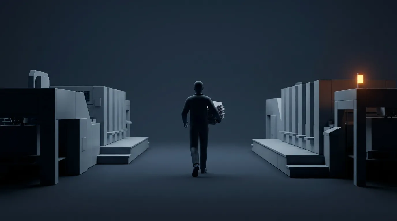 A figure seen from behind walking fast down an aisle between machines, with a pile of papers under one arm