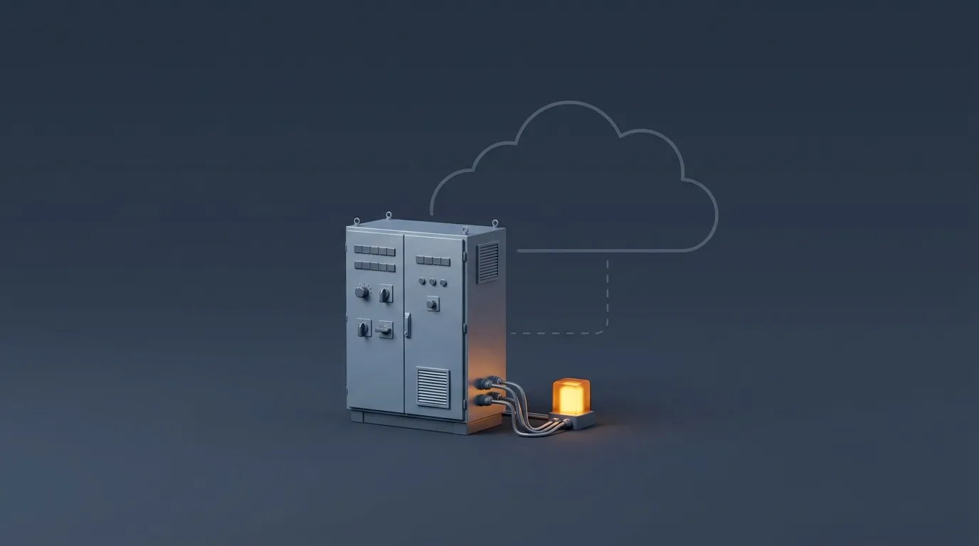 An electrical cabinet with a lit amber light, linked by a dashed line to the outline of a cloud
